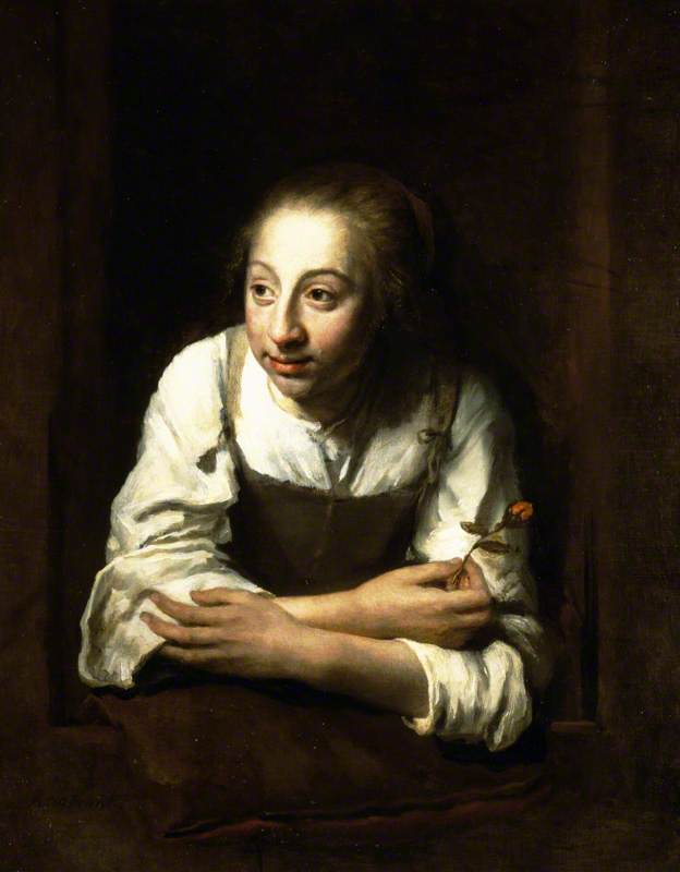 A Woman Leaning Out Of A Window With A Rosebud — Philips De Koninck