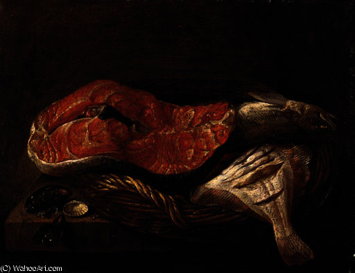 Fish In A Basket, Mussels And Other Sea Shells On A Ledge — Abraham Hendricksz. Van Beyeren