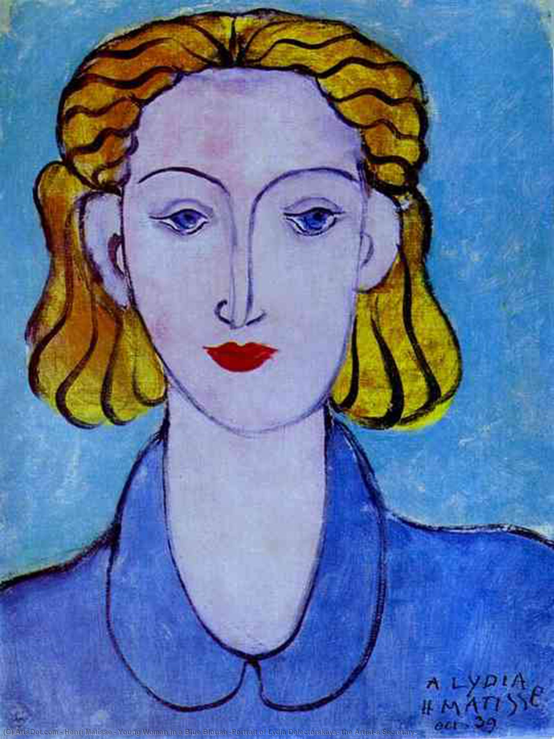 Junge Frau In Einem Blauen Blusentuch (porträt Von Lydia Delectorskaya, Die Künstlerin's Sekretärin) — Henri Matisse