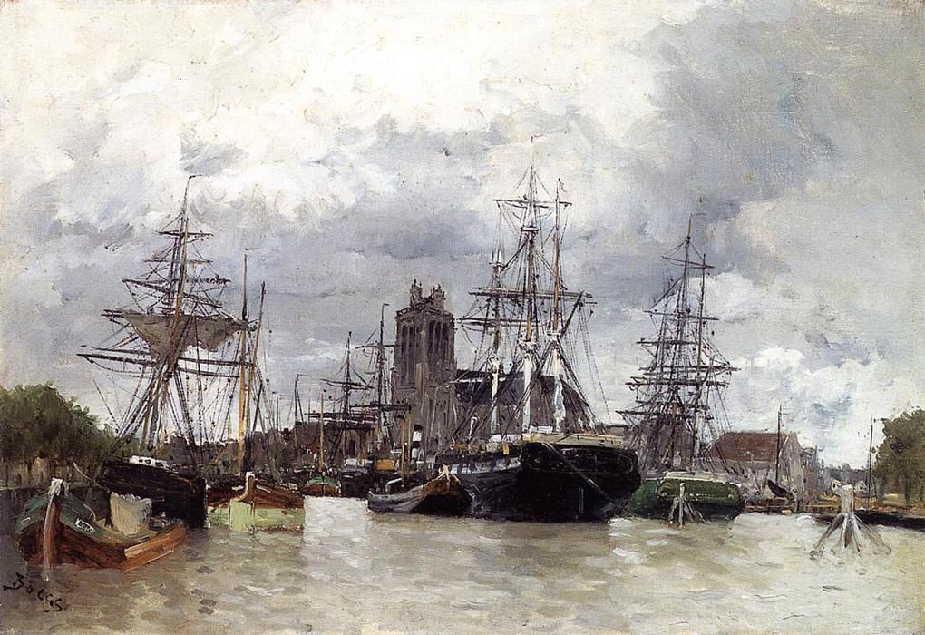 Dordrecht Harbor With Shipping And Cathedral — Frank Myers Boggs
