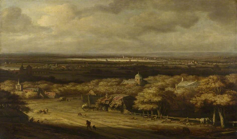 An Extensive Landscape With Houses In A Wood And A Distant Town — Philips De Koninck
