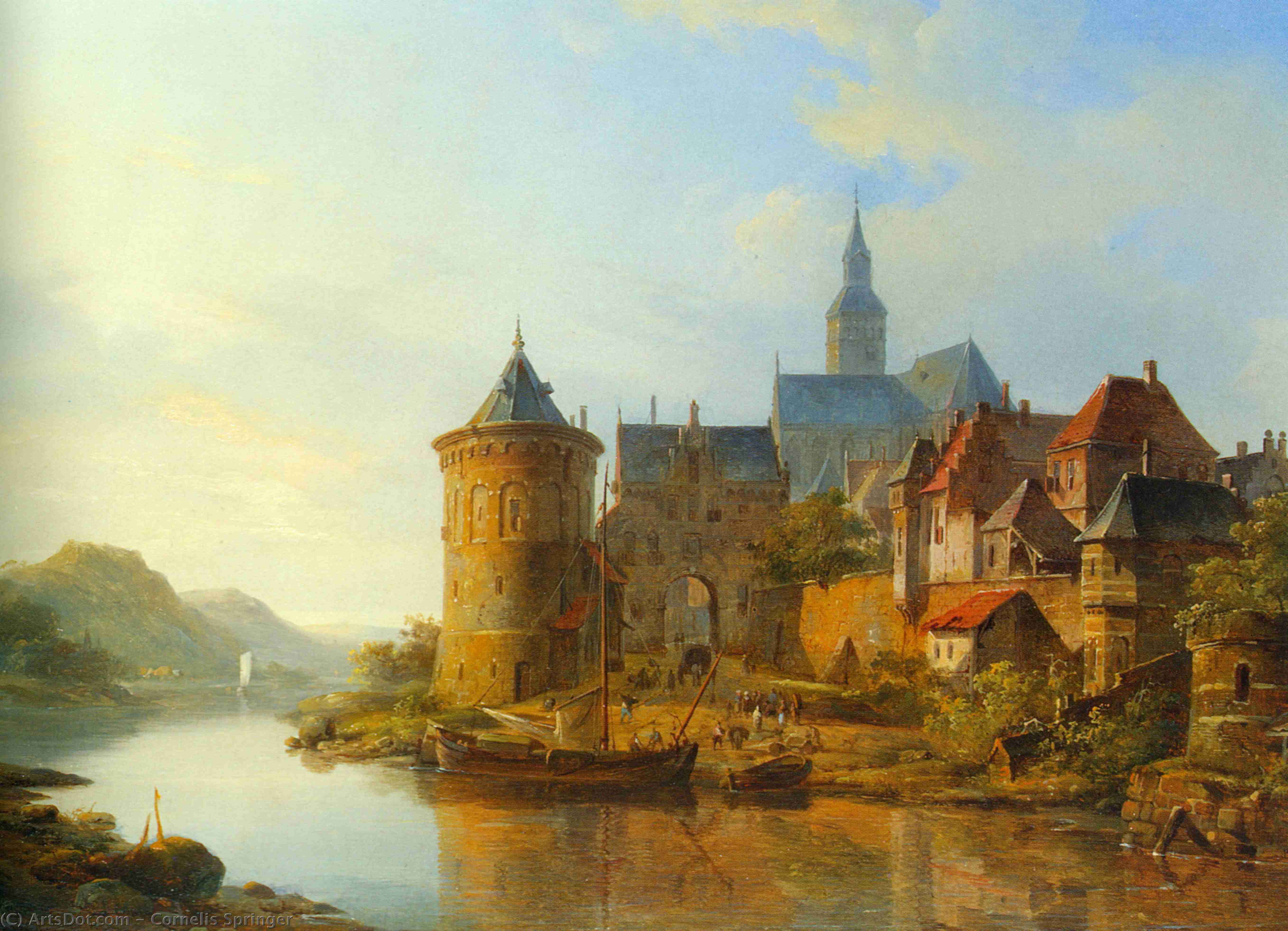 A View Of A Town Along The Rhine — Cornelis Springer