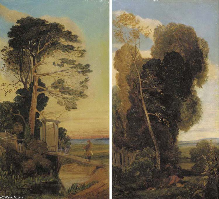 An Angler On A Bridge; And A Rabbit Catcher In A Wooded Landscape — John Sell Cotman