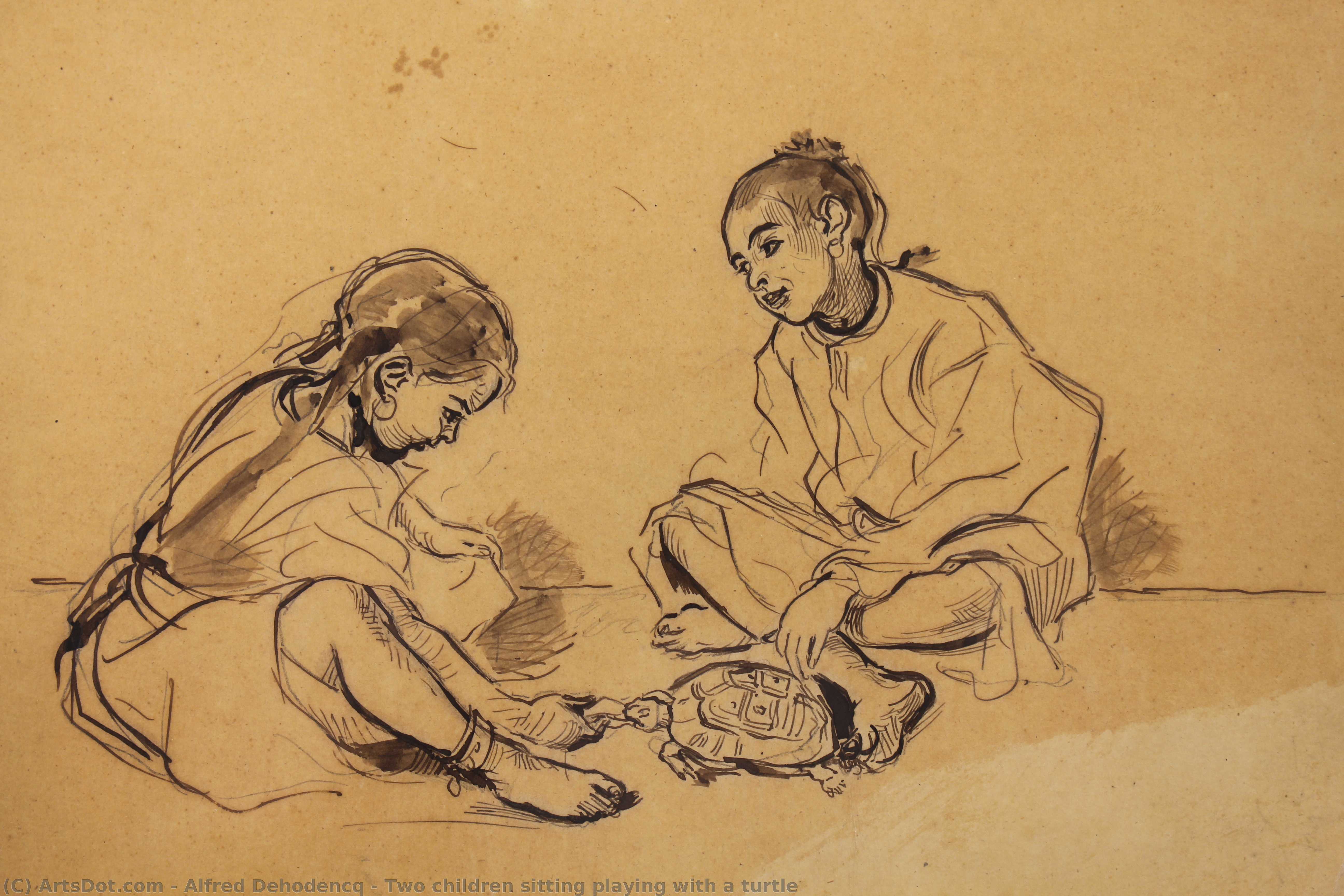 Two Children Sitting Playing With A Turtle — Alfred Dehodencq