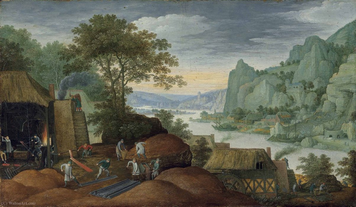 A Rocky Landscape With Figures By An Iron Foundry, A River And Houses On The Bank Beyond — Maerten Ryckaert