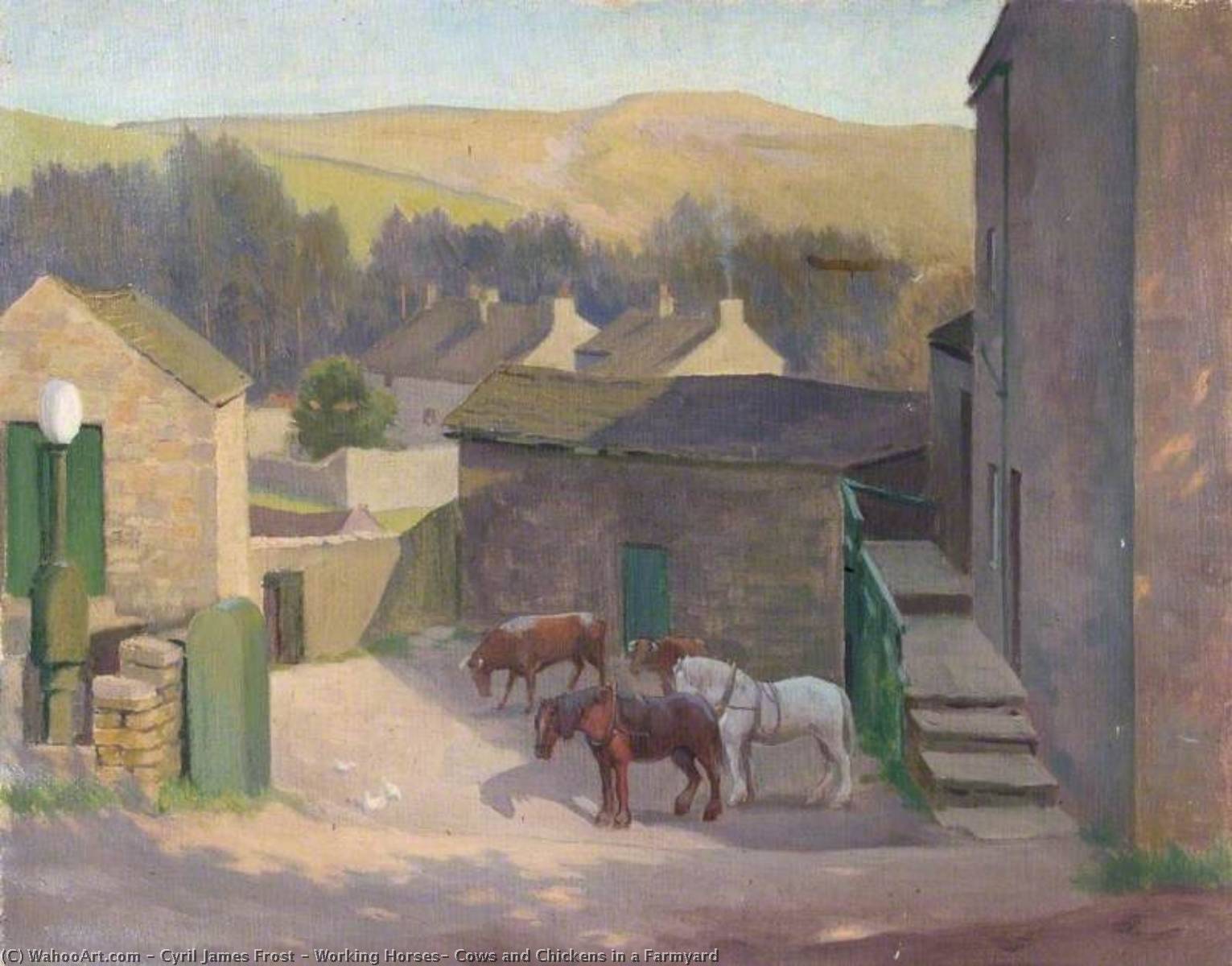 Working Horses, Cows And Chickens In A Farmyard — Cyril James Frost