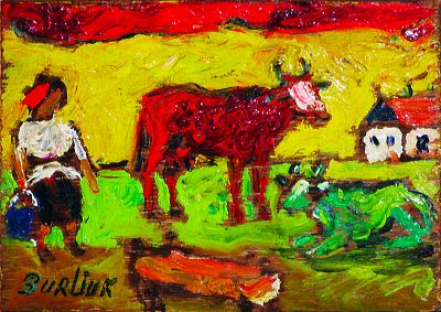 Peasant Woman With Red And Green Cows — David Davidovich Burliuk