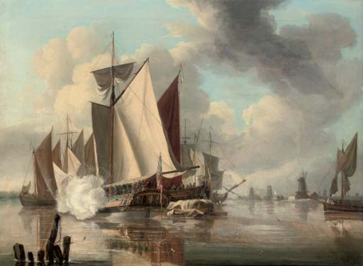 The Trinity Yacht Firing A Salute, A View Of The Thames Estuary Beyond — John Thomas Serres