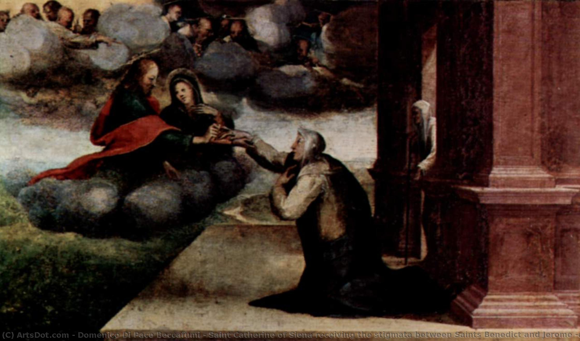Saint Catherine Of Siena Receiving The Stigmata Between Saints Benedict And Jerome (detail) — Domenico Di Pace Beccafumi