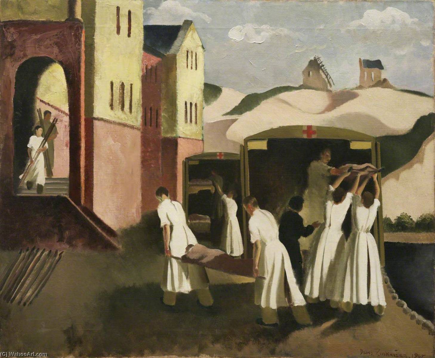 No.115 British General Hospital, Ostend Unloading Wounded — Doris Clare Zinkeisen
