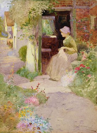 A Girl Sewing At The Door Of A Cottage — Thomas Mackay