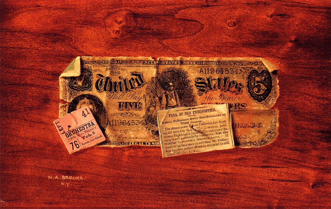 Still Life With $5 Bill, Ticket Stub And Newspaper Clipping — Nicholas Alden Brooks