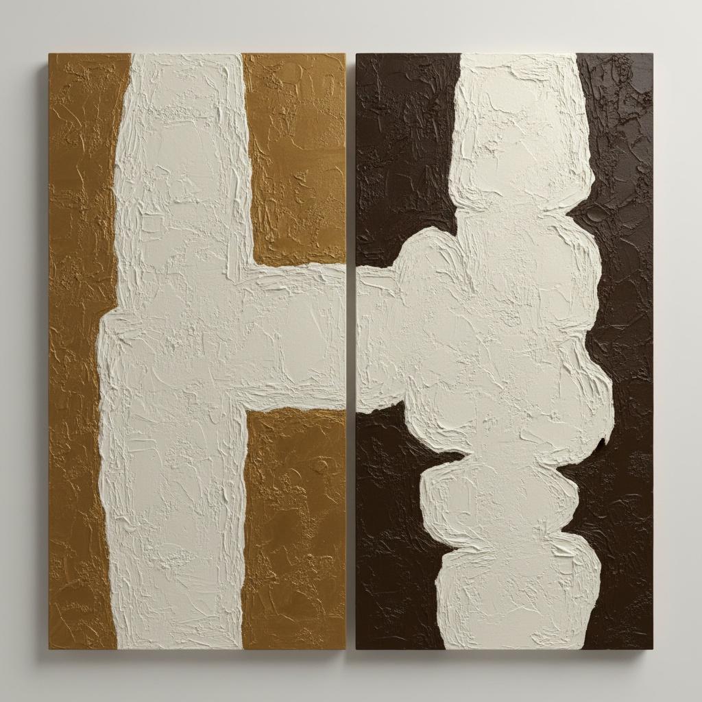 Monolithische Konvergenz Von Ocker Und Umbra In Einem Skulpturalen Weißen Impasto-diptychon — Laurent Fabre