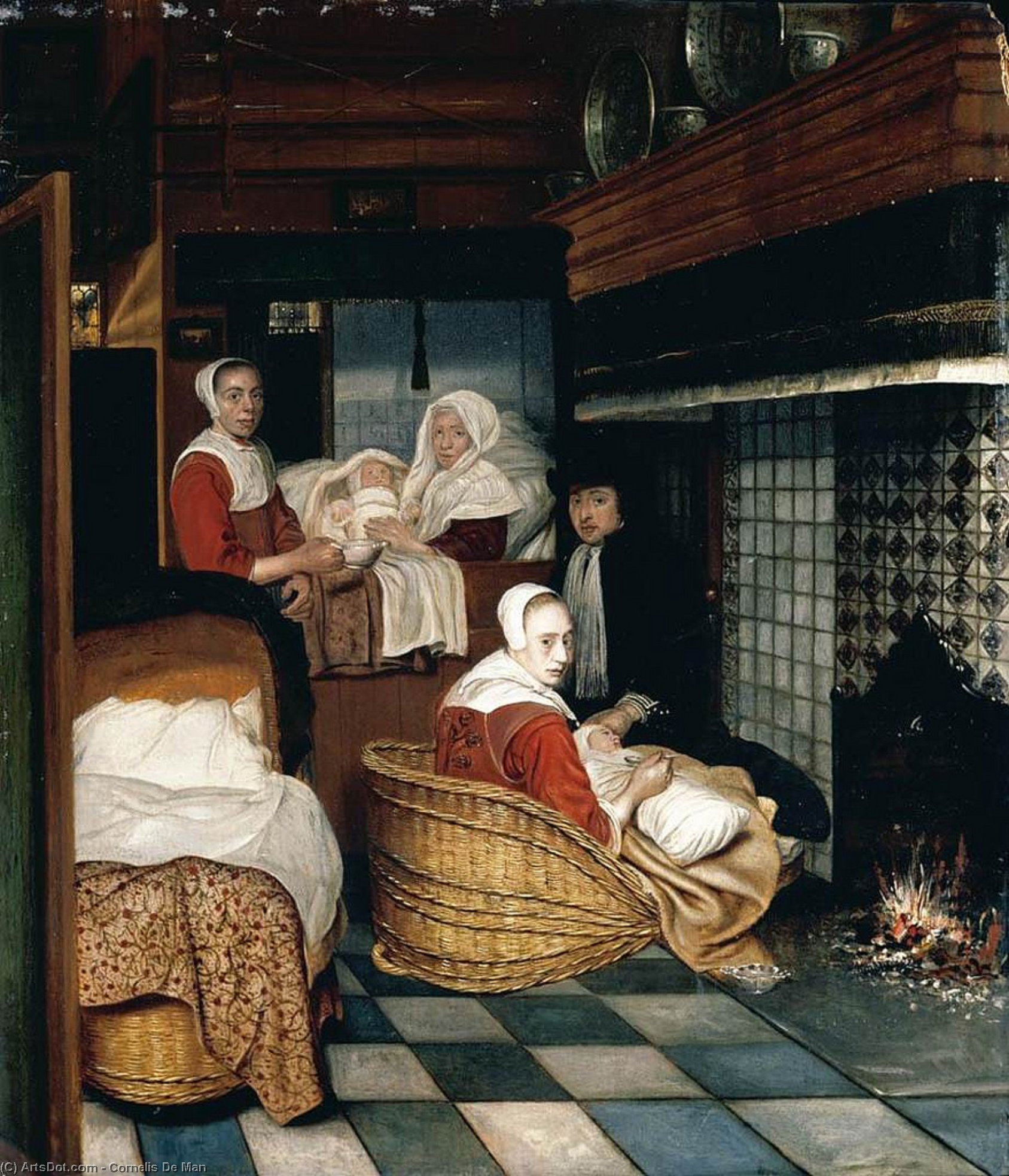 Interior With A Family And Two Nurses Before A Fire — Cornelis De Man