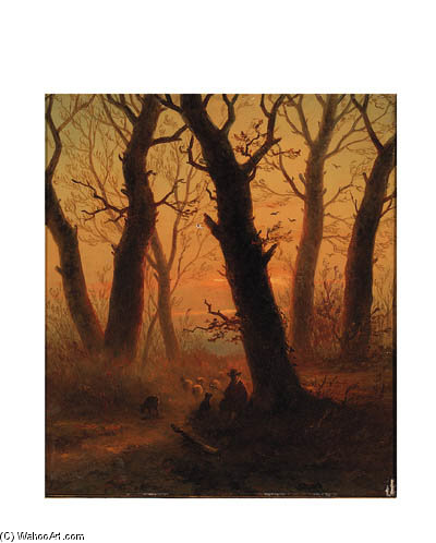 A Herdsman And Flock In A Forest At Sunset — Johannes Franciscus Hoppenbrouwers