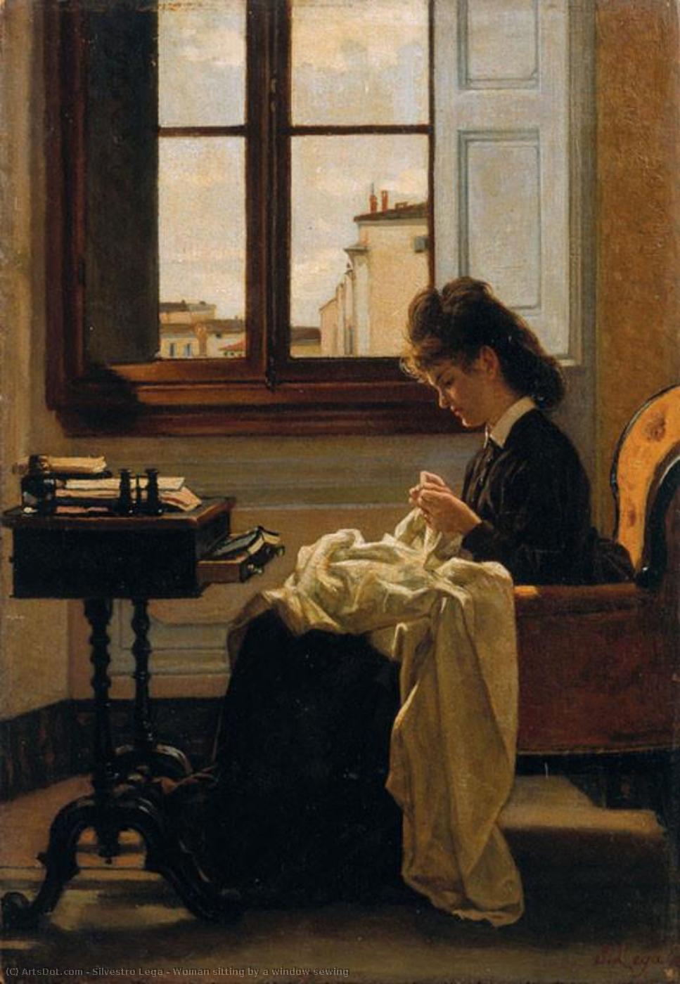 Woman Sitting By A Window Sewing — Silvestro Lega