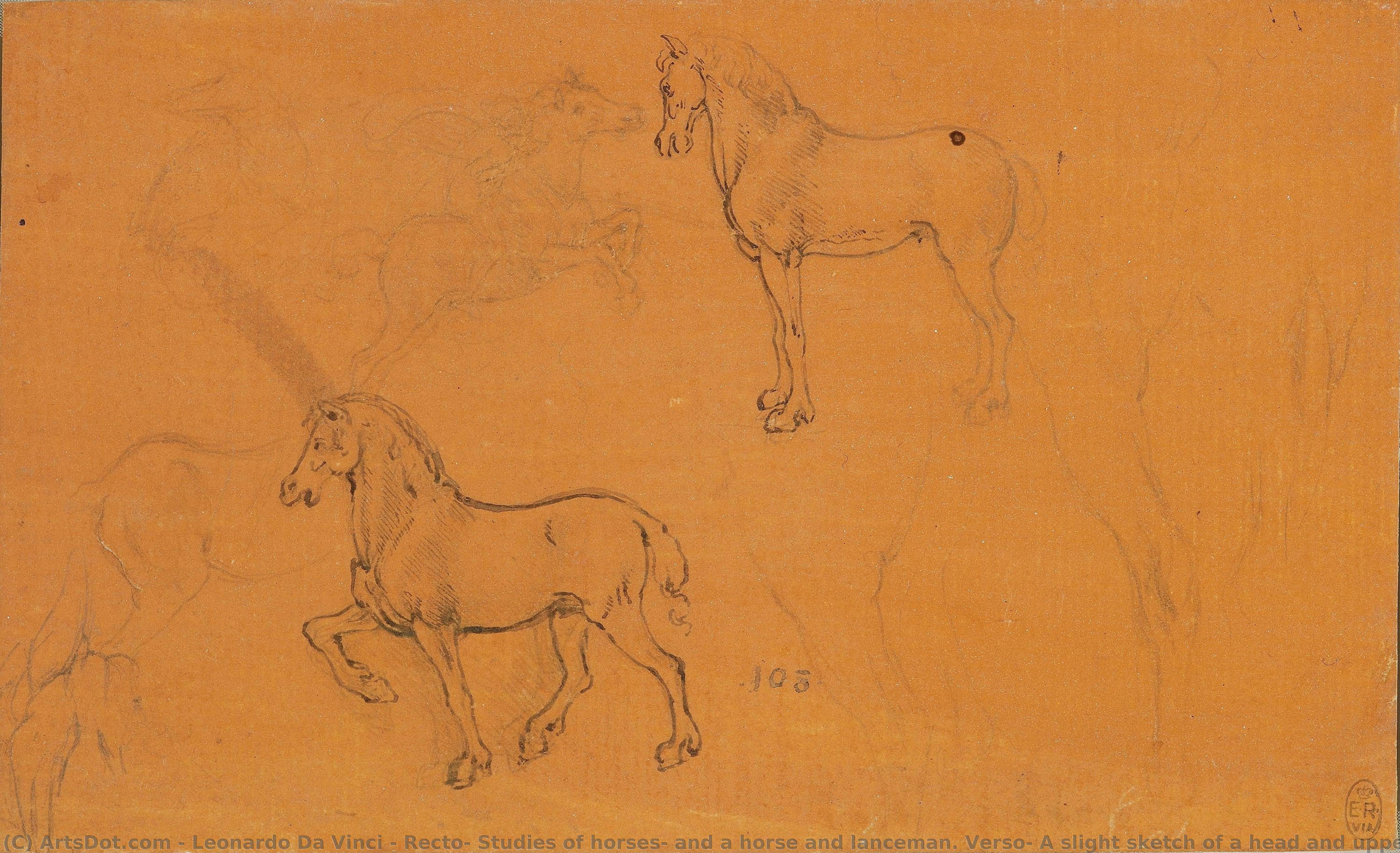 Recto: Studies Of Horses, And A Horse And Lanceman. Verso: A Slight Sketch Of A Head And Upper Body — Leonardo Da Vinci