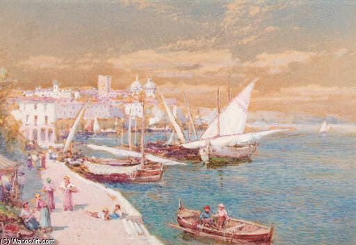Figures At A Market In A Harbour — Thomas Charles Leeson Rowbotham