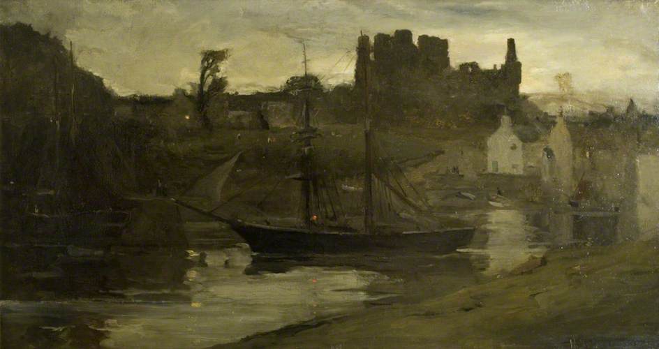 Top Sail Schooner At The Harbour — Bertram Priestman