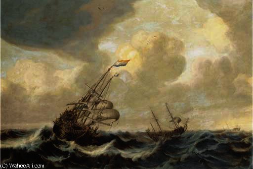 A Dutch Three-master And Other Shipping In A Stiff Breeze At Open Sea — Abraham Hendricksz. Van Beyeren