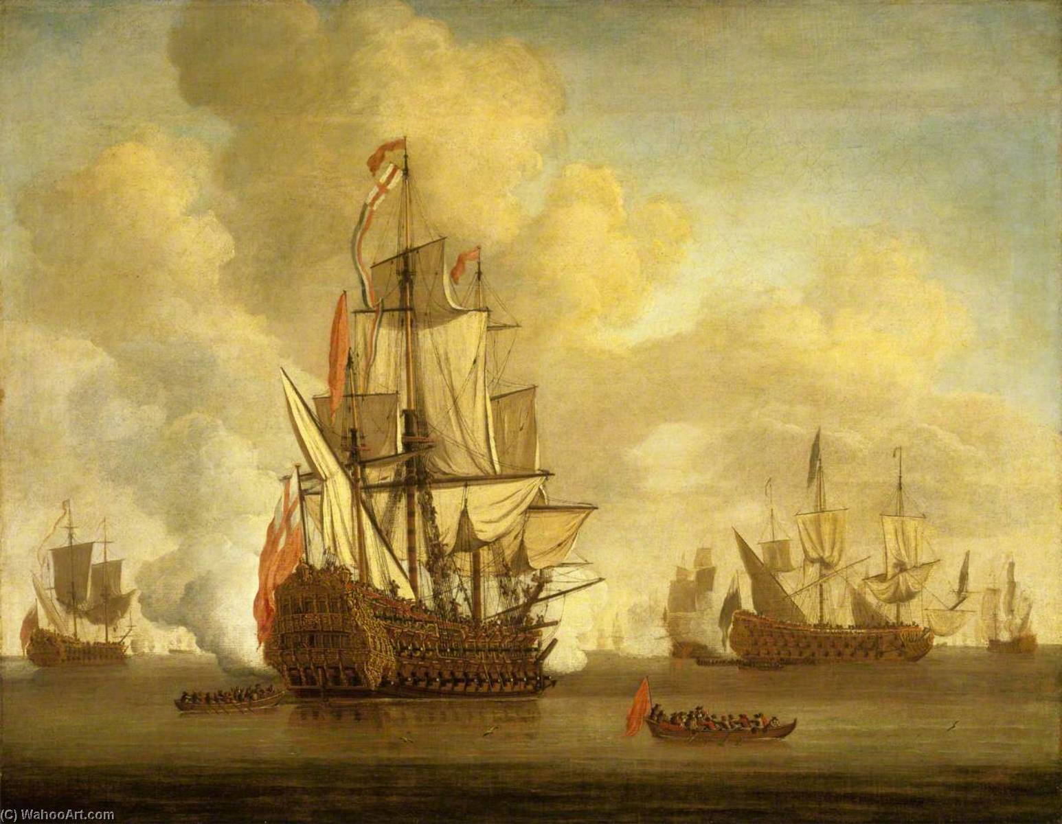 Calm An English Two Decker With Sails Loosed Firing A Salute — Willem Van De Velde Der Ältere