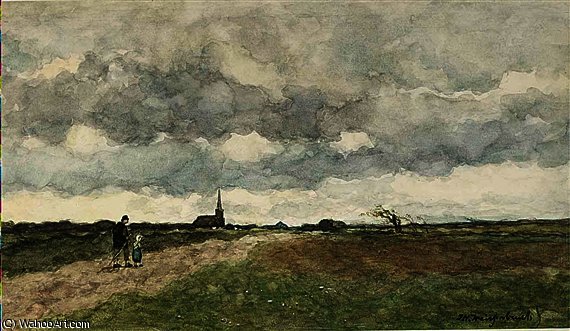 Figures On A Country Road, A Church In The Distance — Jan Weissenbruch