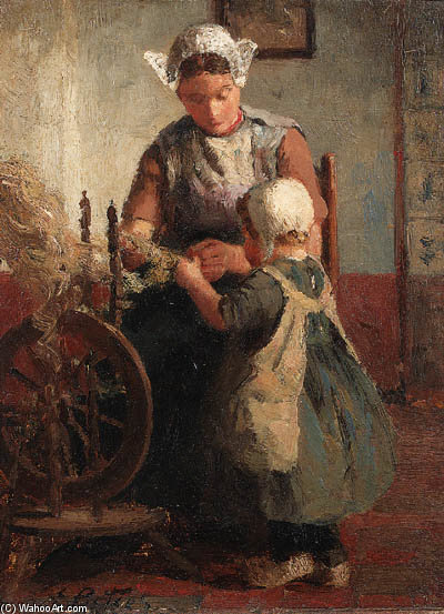 Helping Mother With The Spinning-wheel — Evert Pieters