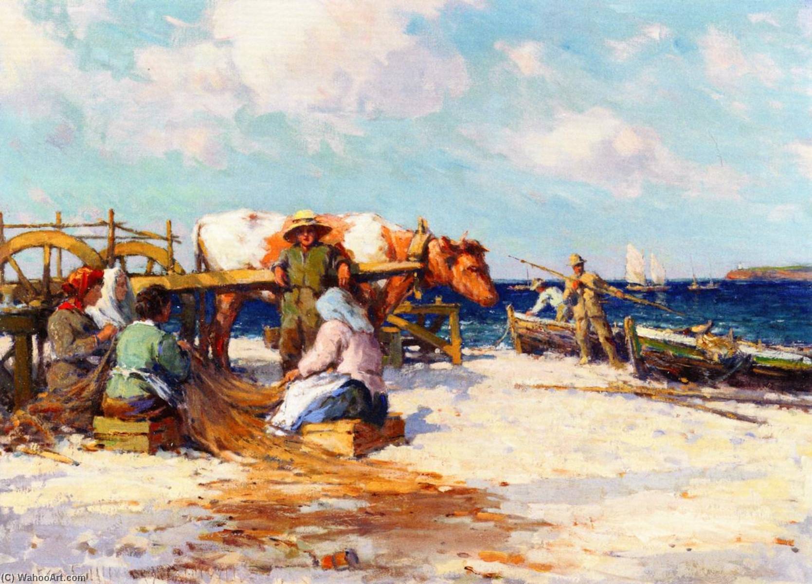Fishermen Mending Nets On The Beach — Farquhar Mcgillivray Knowles