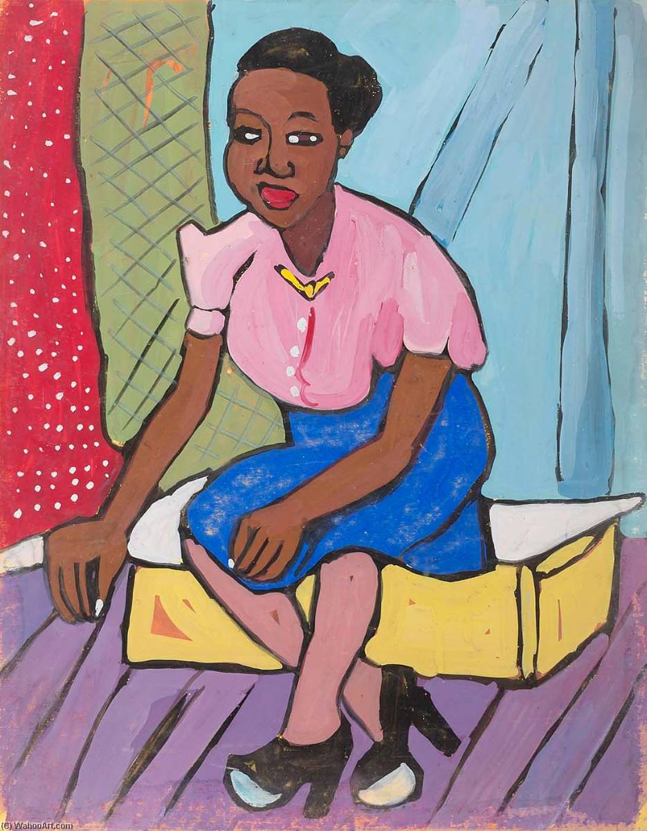Woman In Pink Blouse And Blue Skirt Seated On Yellow Platform — Виљем Хенри Џонсон