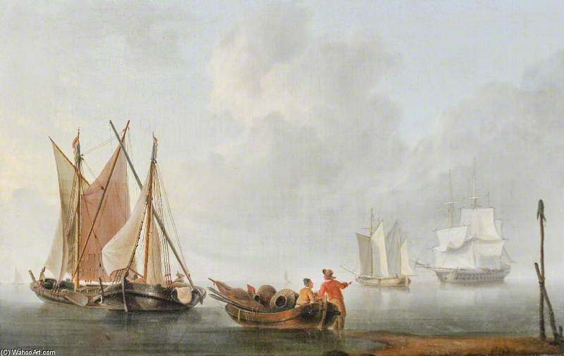 Fishermen And Boats With Two Sailing Ships Beyond — Charles Martin Powell