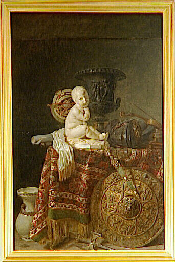 Une Table Garnie D'un Tapis De Turquie Sur Lequel Est Placé L'enfant À La Cage De M. Pigalle, Un Casque, Le Vase De Médicis En Bronze, Au Bas Un Bouclier Et Autres Objets — Piat Joseph Sauvage