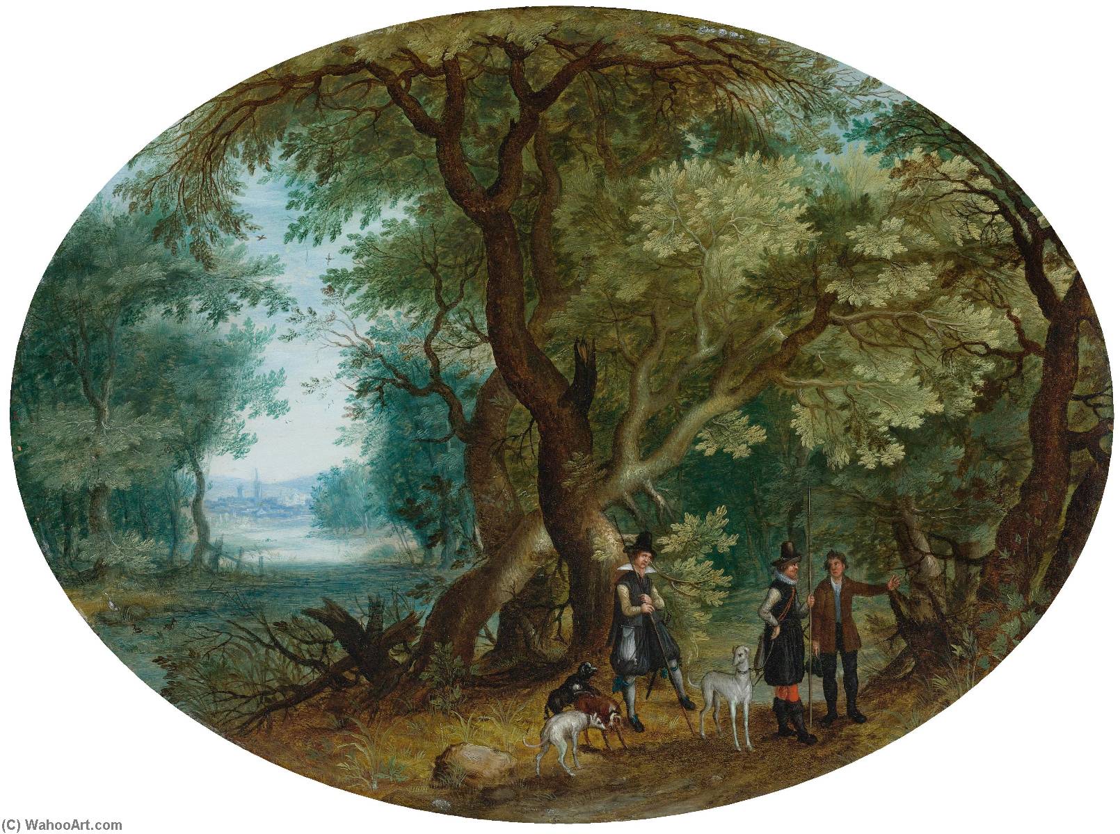 Hunters With Their Dogs In A Wooded Landscape — Isaac Van Oosten