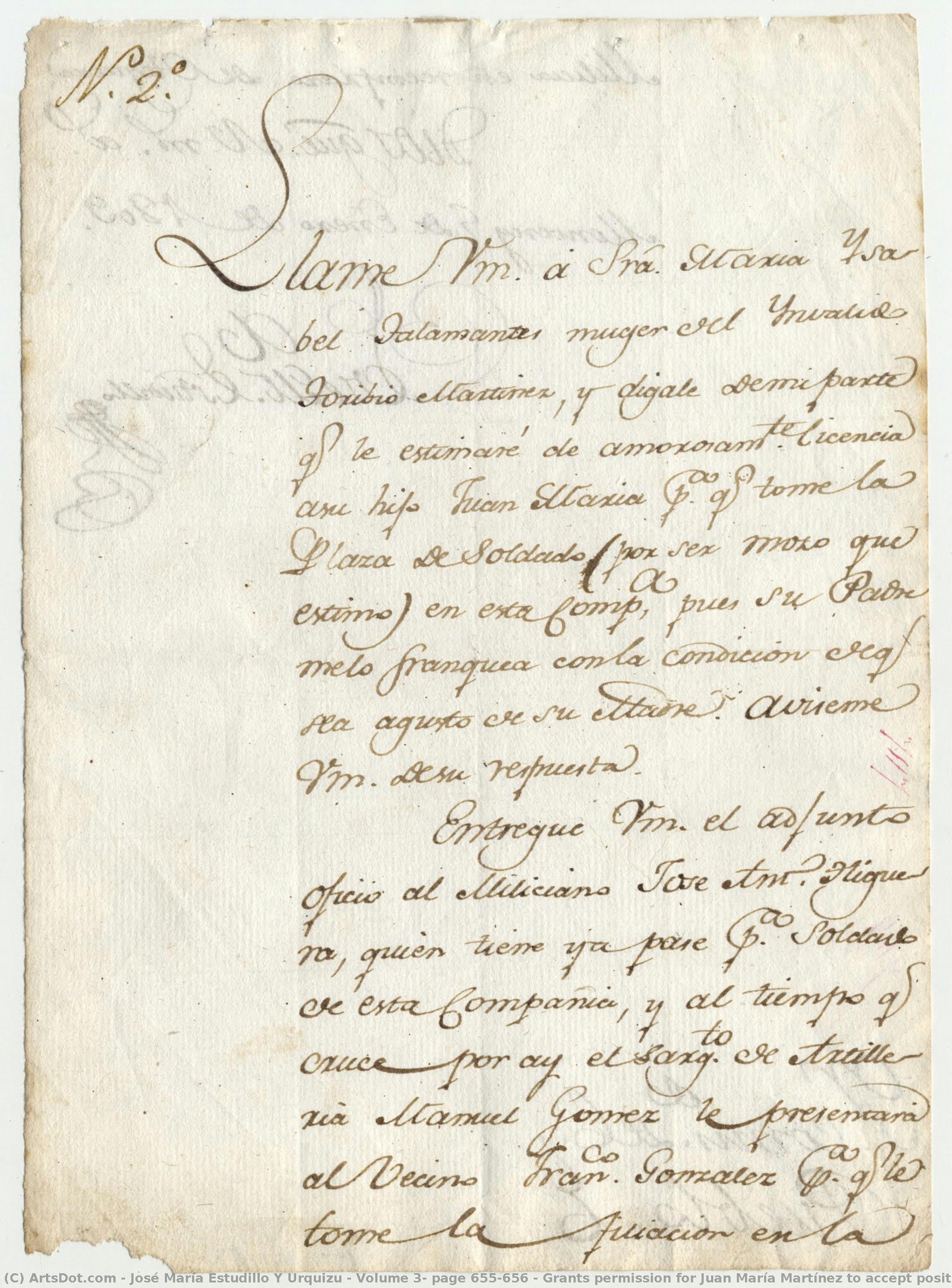 Volume 3, Page 655-656 / Grants Permission For Juan María Martínez To Accept Position Of Soldier\n\npage 1 — Žosé Marija Estudilo I Urkizu