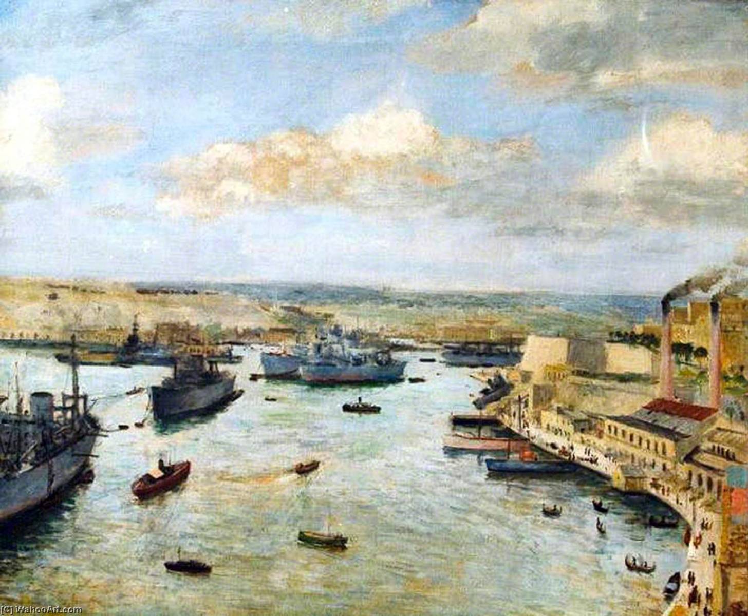 Merchant Ships At Anchor, Grand Harbour, Malta — Bernard Hailstone