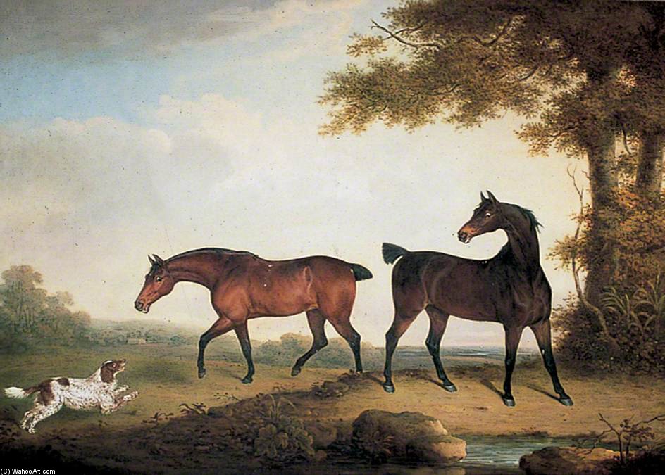 Two Chestnut Horses With An Eager Spaniel — Henry Bernard Chalon