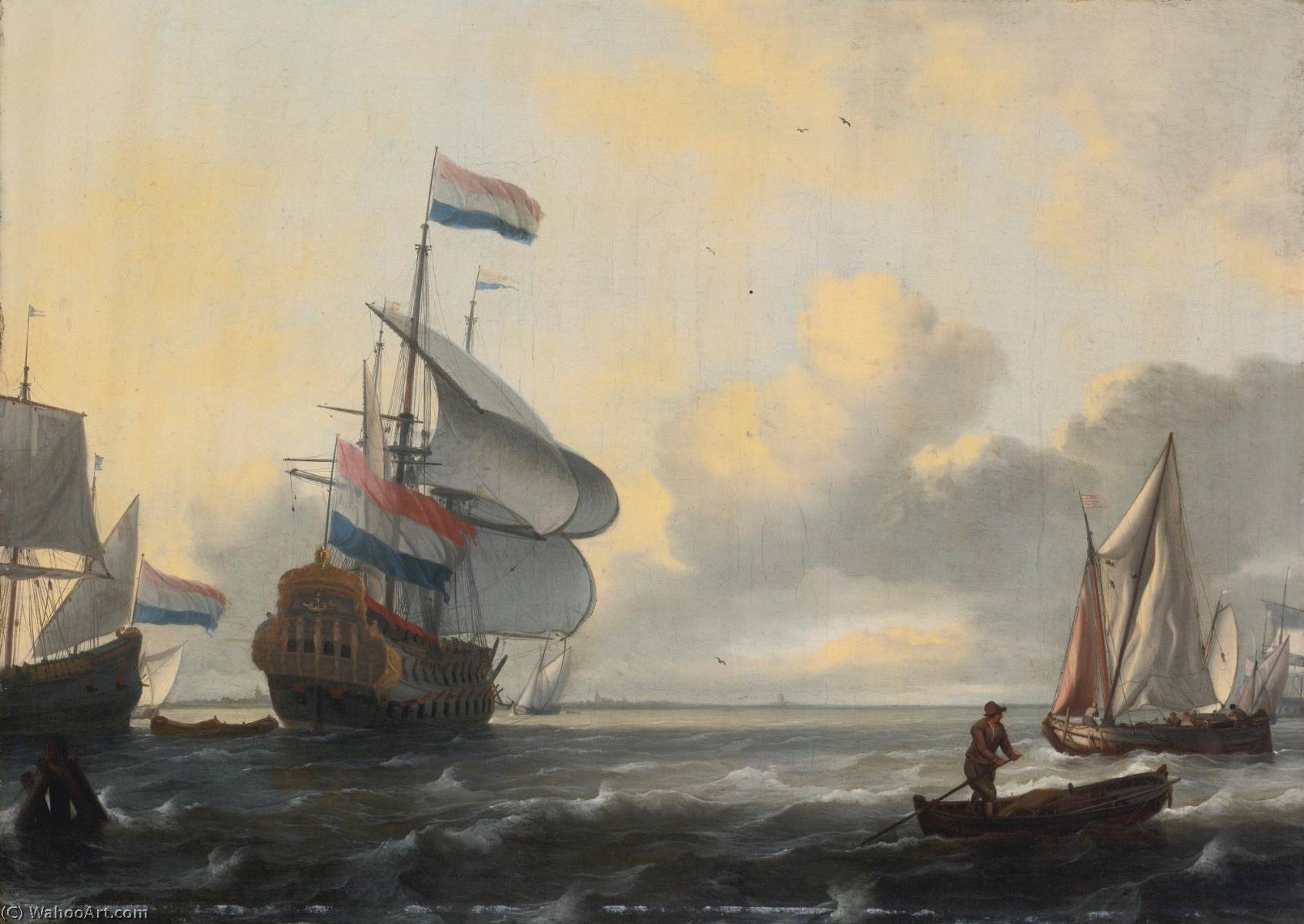 A Two Decker, A Fluyt, A Kaag And A Weyschuit In A Stiff Breeze — Ludolf Backhuysen I