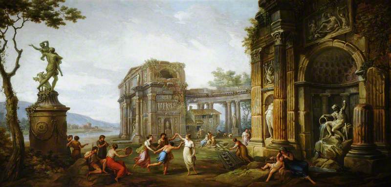 Capriccio Of Figures Dancing Amongst Classical Ruins, With A Statue Of The Rape Of Proserpine — Antonio Zucchi