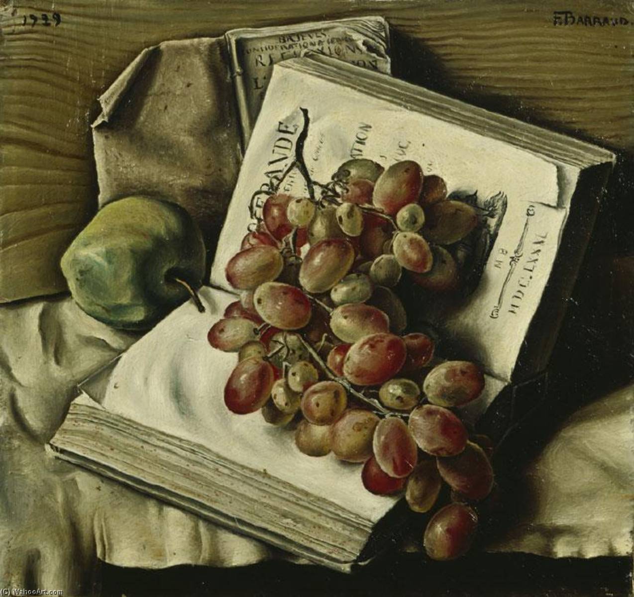 Français Nature Morte Aux Raisins, À La Pomme Et Aux Deux Livres — François Emile Barraud