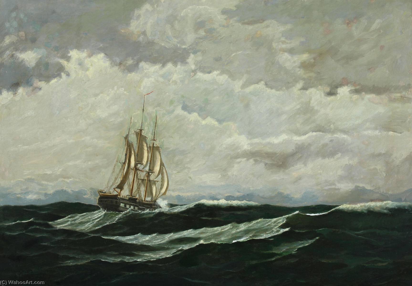 Seascape With Warship In High Seas — Jens Erik Carl Rasmussen