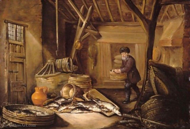 A Fisherman In His Cottage, With His Catch Of Fresh-water Fish — Pieter De Putter