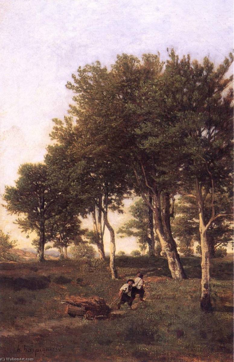 Landscape With Two Boys Carrying Firewood — Henri-joseph Harpignies