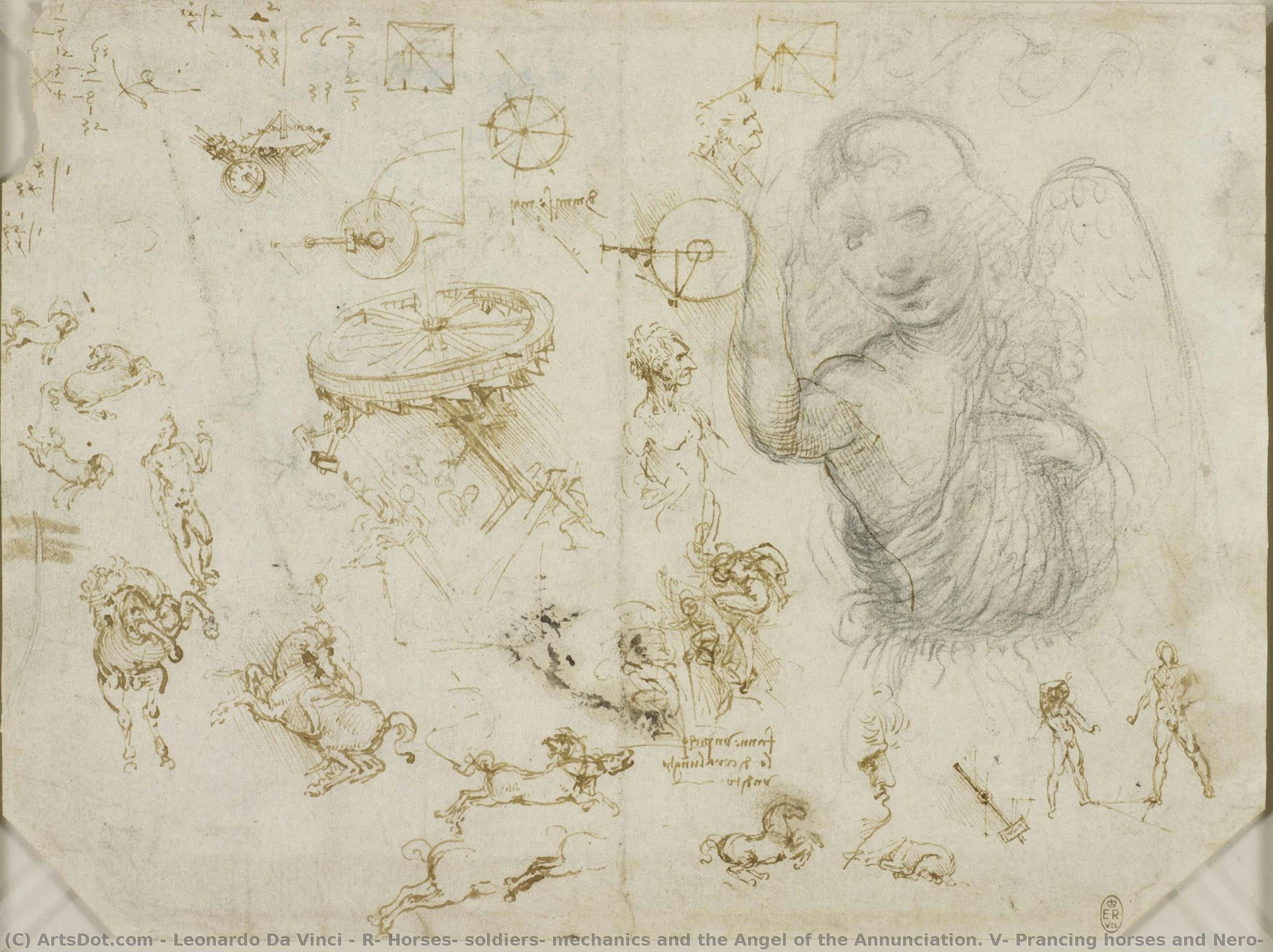 R: Caballos, Soldados, Mecánicos Y El Ángel De La Anunciación. V: Caballos Galopantes Y Nerón — Leonardo Da Vinci