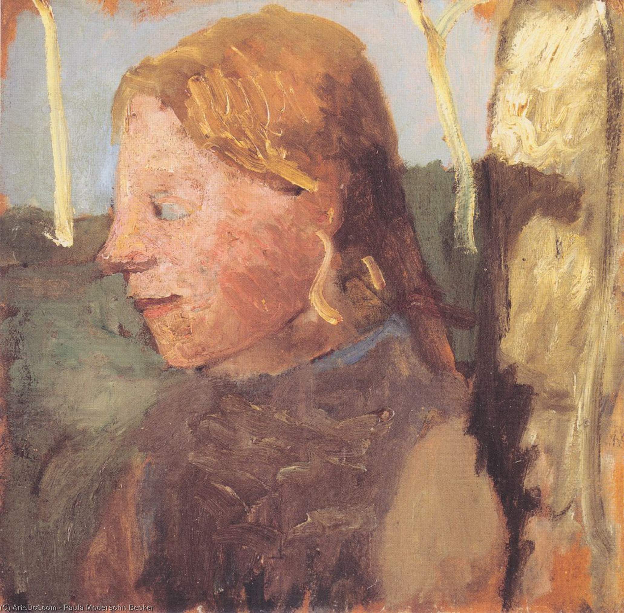 Portrait Of A Girl In Profile Next To A Birch Trunk — Paula Modersohn-becker
