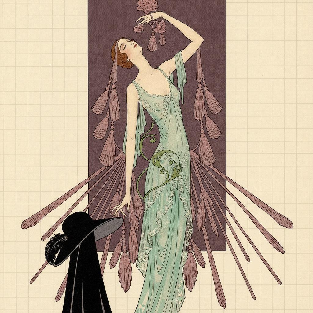 Salbeigraue Und Altrosa Figur Inmitten Von Art-nouveau-ranken — Valentin Laurent De Courcey