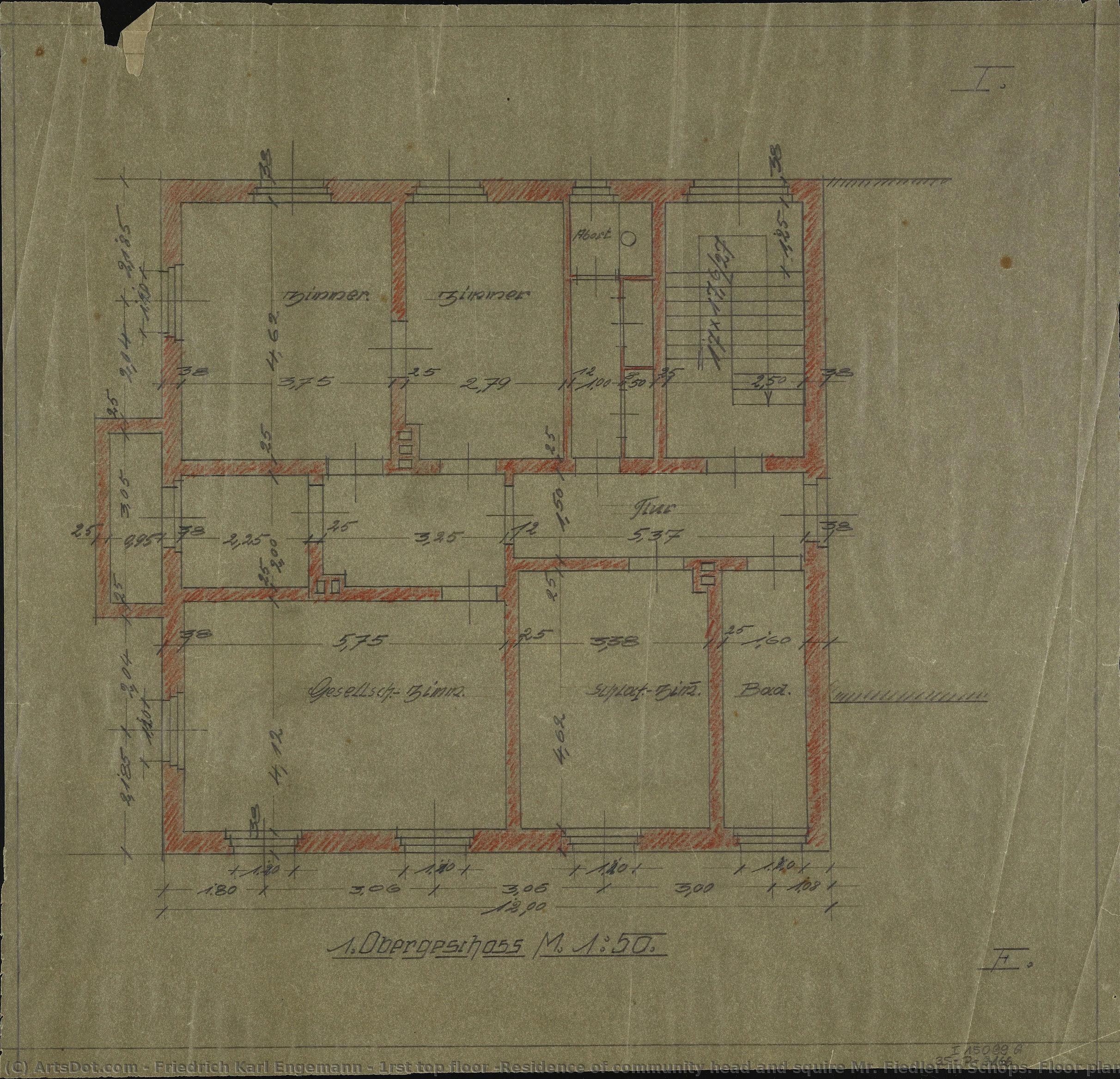 1rst Top Floor (residence Of Community Head And Squire Mr. Fiedler In Schöps. Floor Plan) — Friedrich Karl Engemann