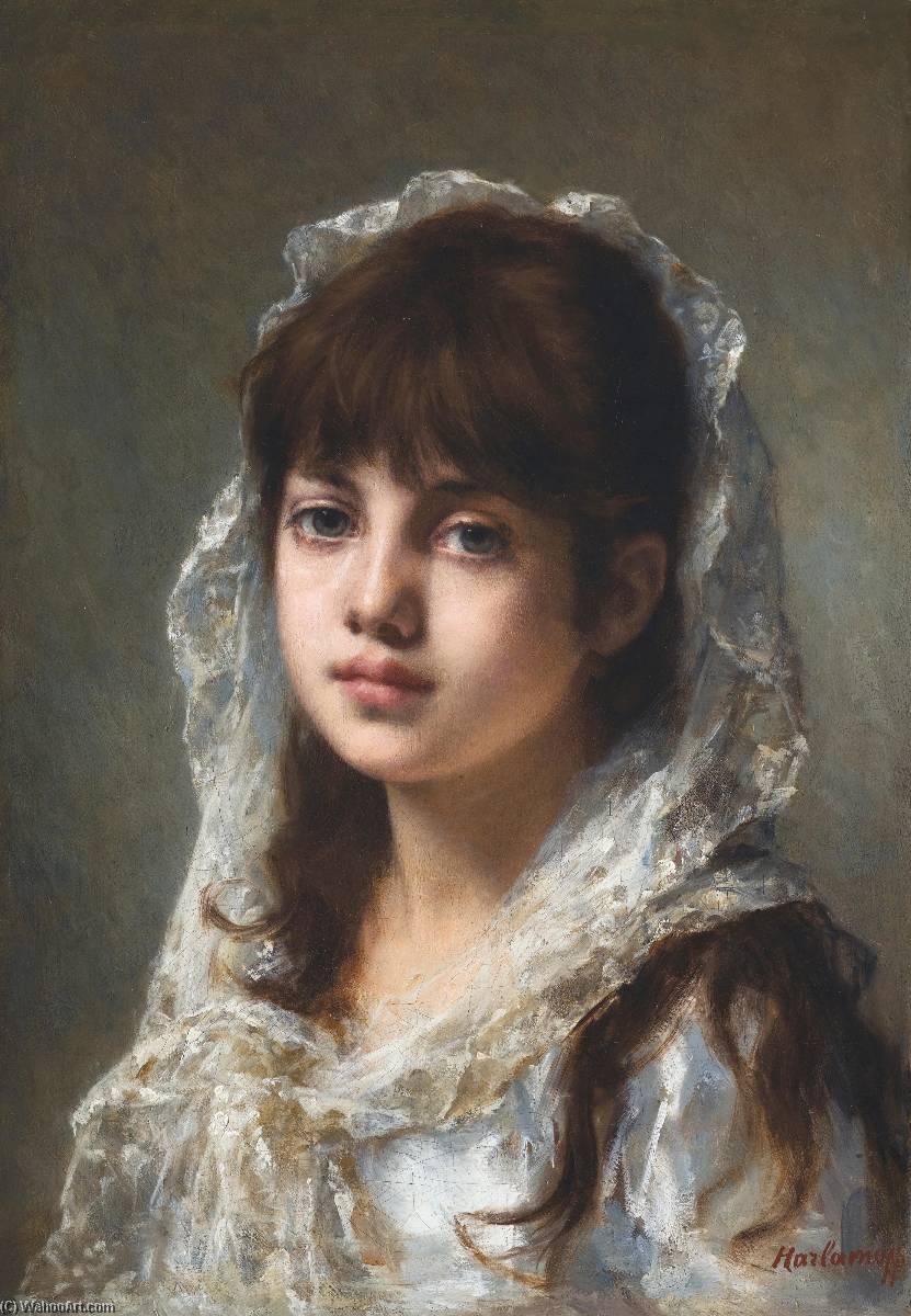 Portrait Of A Young Girl Wearing A White Veil — Alexei Alexeievich Harlamoff
