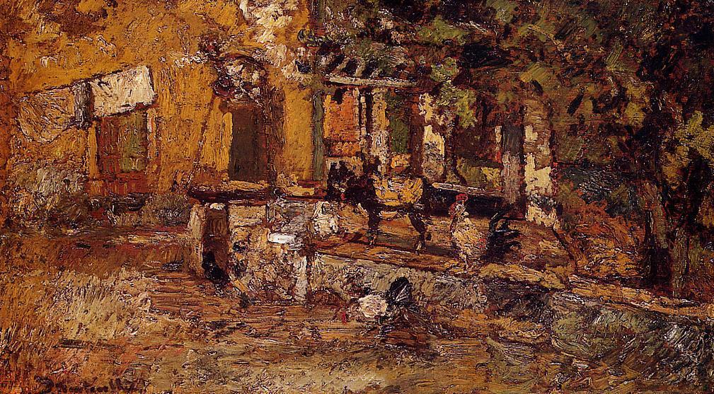 Farmyard With Donkeys And Roosters — Adolphe Joseph Thomas Monticelli