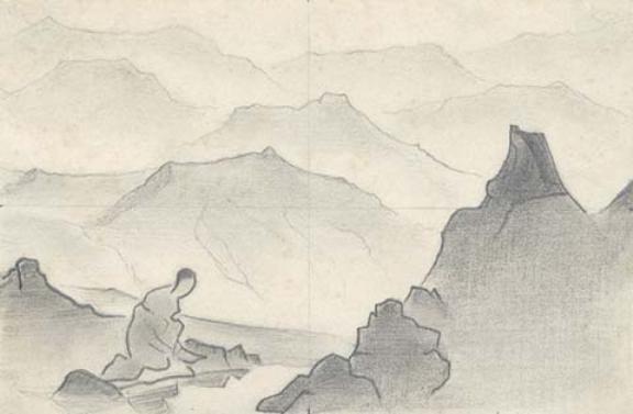 Sketch Of Mountain Landscape With Kneeling Woman — Nicholas Roerich