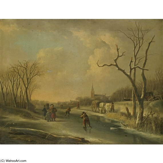 A Winter Landscape With Skaters On A Frozen River, Together With A Family Of Faggot Gatherers — Andries Vermeulen