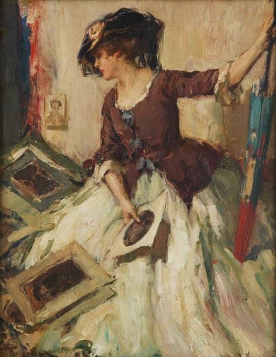 Jeune Femme Comtemplant De Croquis With Parasol — Fernand Toussaint